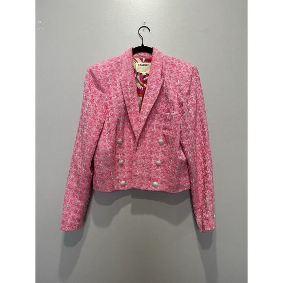 AUTH L'AGENCE Houndstooth Checked Tweed Cropped Jacket Blazer Coat 12 - Picture 2 of 9